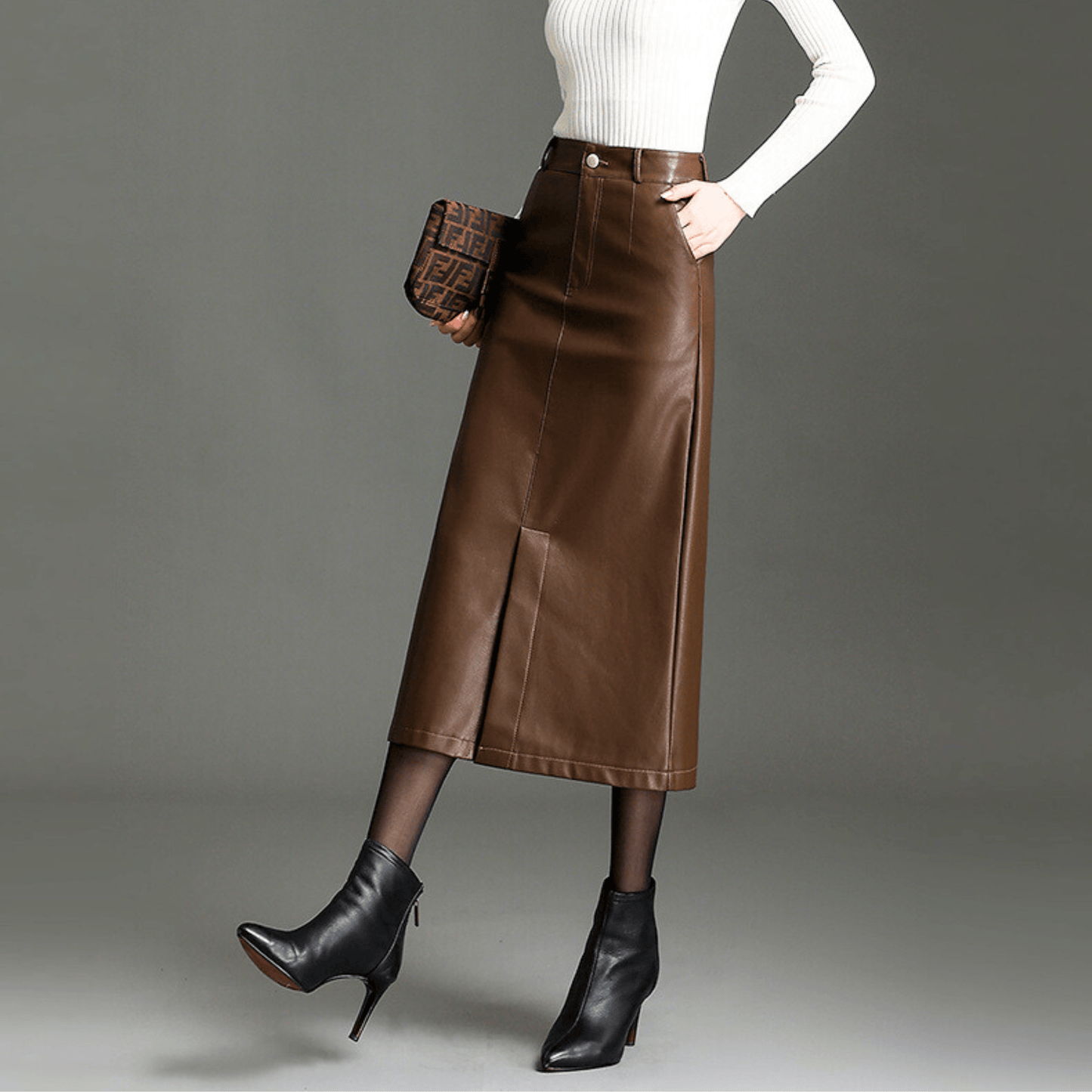 Molvana - Liora High - Waist Leather Skirt - 14:771#Coffee;5:4183