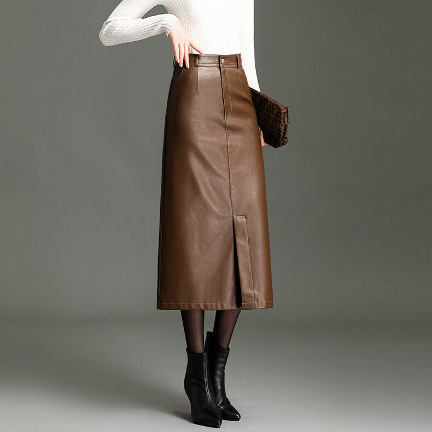 Molvana - Liora High - Waist Leather Skirt - 14:771#Coffee;5:4183